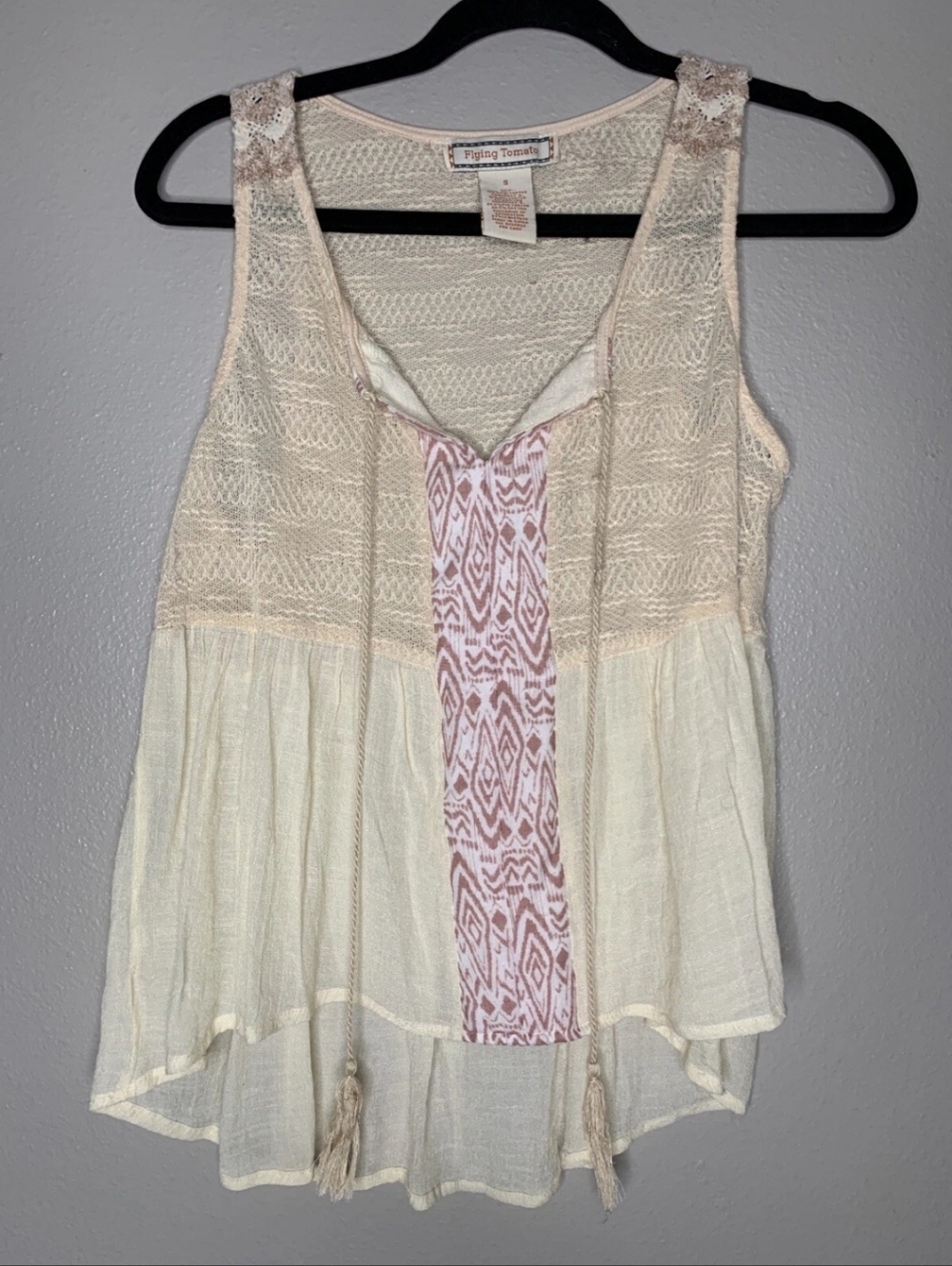 Flying Tomato Womens Small Tank Top Bohemian Beige Tassels Hippie Sheer High Low